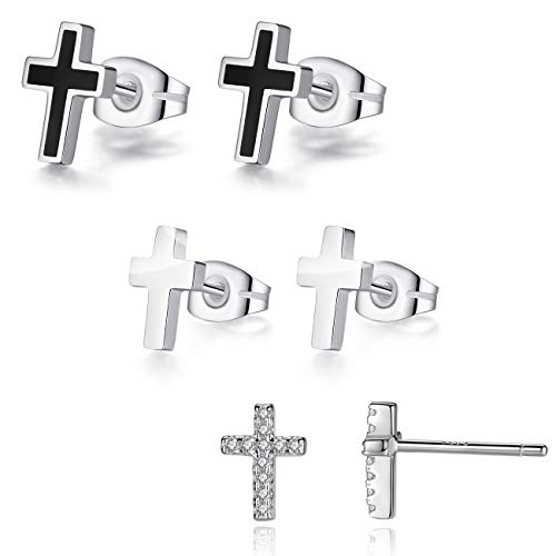 REVEMCN 3-Pair Cross Earrings for Men & Women, Stainless Steel & 925 Silver - color: 3 Pairs