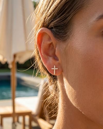 MUMREUES 14K Gold Earrings for Women Dainty CZ Cross Stud Earrings Jewelry - color: CZ Cross & Gold