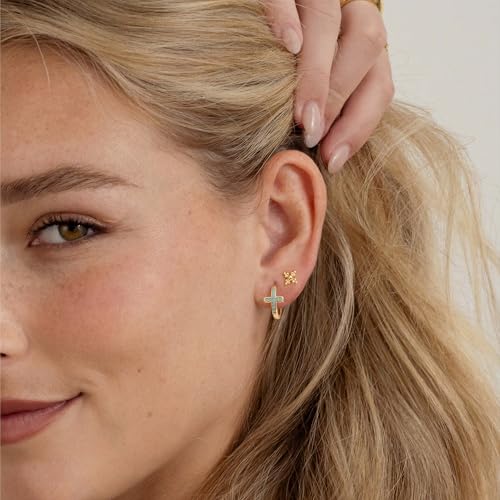 MYEARS Gold Cross Hoop Earrings for Women Trendy 14K Gold Plated Small Hoops Huggie Earrings White Cubic Zirconia Turquoise Minimalist Simple Christmas Christian Cross Jewelry Gifts - color: Turquoise