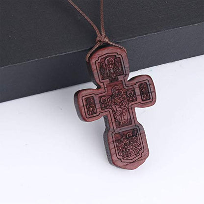 COTTVOTT Wood Orthodox Cross Pendant Necklace Christian Crucifix Necklace Prayer Jesus for Women Men - style: C-Red Color