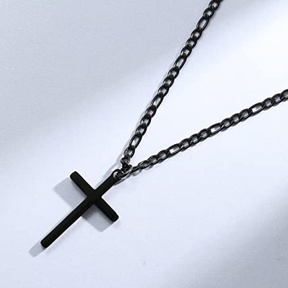 Joxevyia 14K Gold Filled Cross Necklace for Men Figaro Chain Stainless Steel Polished Cross Pendant Necklace Simple Baptism Faith Jewelry Gift - size: 22 inches, style: Big Black cross pendant(1.2"*0.7")