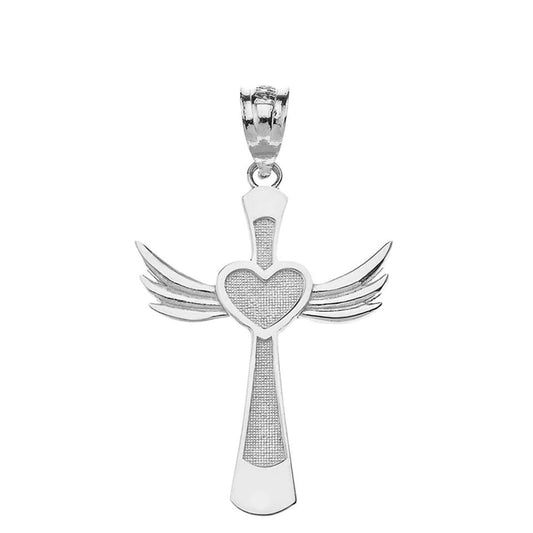 Winged Heart Cross Pendant Necklace Fine Real Solid 14Kt Gold - style: 14K White Gold