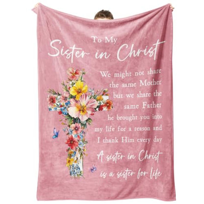 Christian Gifts for Women, Sister in Christ Floral Cross Blanket - color: Dusty Pink