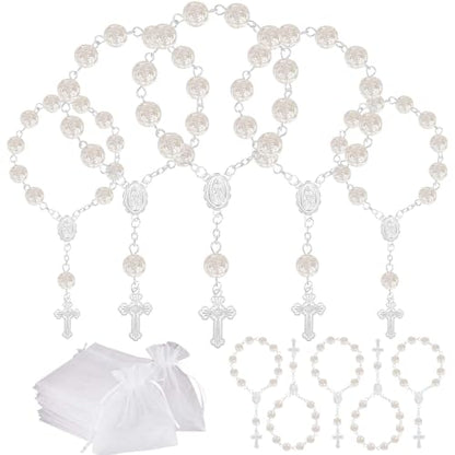 10 Set Baptism Party Favors Mini Rosary Beads Faux Pearls with Organza Bags for Christening Weddings First Communion Party Favors - style: Silver Rose