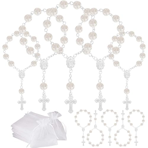 10 Set Baptism Party Favors Mini Rosary Beads Faux Pearls with Organza Bags for Christening Weddings First Communion Party Favors - style: Silver Rose