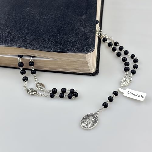 Seven Sorrows of Mary Rosary Wooden Beads Catholic Jewelry Necklace for Pray - color: Black