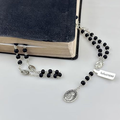 Seven Sorrows of Mary Rosary Wooden Beads Catholic Jewelry Necklace for Pray - color: Black