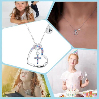 Cross Necklace for Girls | I am a child of God Necklace for Girls | Heart Letter initial | 18K White Gold Plated Pendant Jewelry First Communion Baptism Gifts Christmas Birthday Gifts for Girl Women - color: A