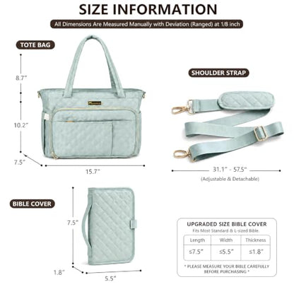 Large Bible Bag with Cover for Women, Quilted Church Tote, Sage Green