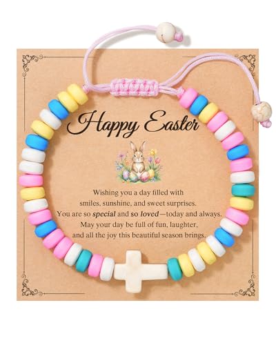 HGDEER Easter Basket Stuffers for Kids, Adjustable Cross Bracelet, Christian Religious Easter Communion Baptism Gifts Jewelry - color: Easter