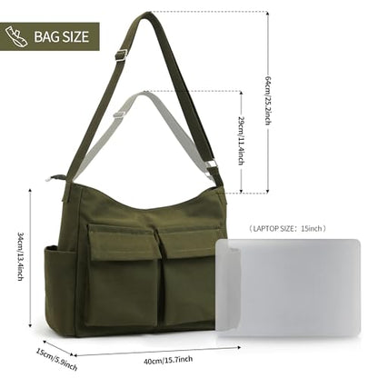 KALIDI Canvas Tote Bag Zipper Large Crossbody Shoulder Bag Messenger Bag - color: Upgraded Army Green
