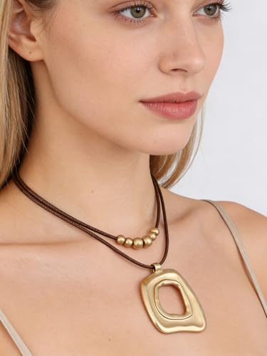 Boho Necklaces for Women Long Wooden Pendant Vintage Necklace - color: Chunky Gold Necklace