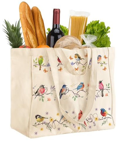 Miss Adola Cute Extra Large Canvas Grocery Tote Bag - color: Watercolor Bird