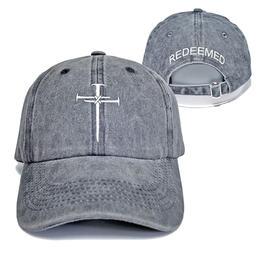 Christian Redeemed Cross Nails Hats for Men Women, Vintage Adjustable Cotton Embroidered Front & Back Baseball Cap - color: Christian-grey