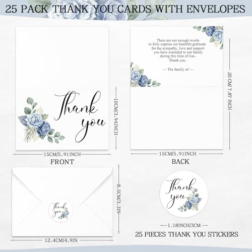 Marspark 25 Pack Funeral Thank You Cards Sympathy Envelopes, Floral - style: Blue Floral
