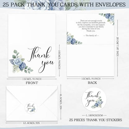 Marspark 25 Pack Funeral Thank You Cards Sympathy Envelopes, Floral - style: Blue Floral