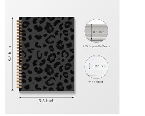 Black Leopard Print Spiral Notebook Journal 5.5x8.3, Cheetah Print Notebooks for Work, Leopard Print Gifts for Women - color: Black Leopard