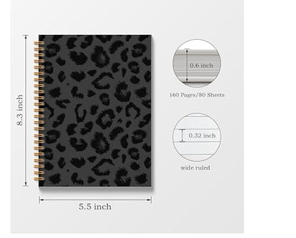 Black Leopard Print Spiral Notebook Journal 5.5x8.3, Cheetah Print Notebooks for Work, Leopard Print Gifts for Women - color: Black Leopard