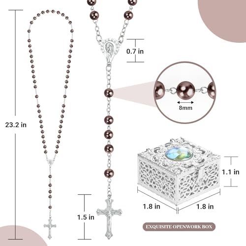 Coffee Pearl-Style Rosary Necklace with Metal Gift Box, 8mm, 22 Inch - color: Coffee color