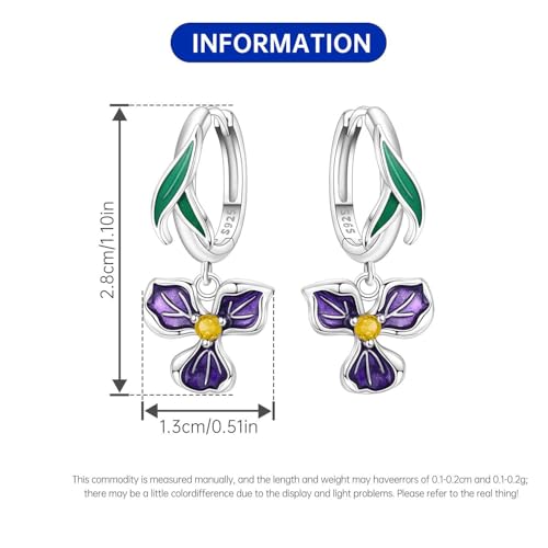 925 Sterling Silver Drop & Dangle Earrings for Women,Butterfly Dragonfly and Bee|Flower and leaf Earrings, Suitable for Sensitive Ears Fashion Jewelry Gift- Hypoallergenic Earrings - color: Purple iris