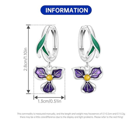 925 Sterling Silver Drop & Dangle Earrings for Women,Butterfly Dragonfly and Bee|Flower and leaf Earrings, Suitable for Sensitive Ears Fashion Jewelry Gift- Hypoallergenic Earrings - color: Purple iris