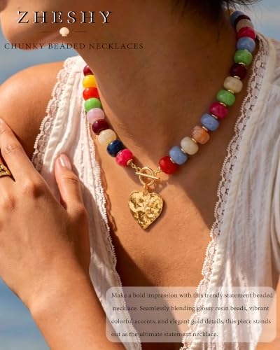 ZHESHY Chunky Beaded Necklaces for Women Heart Cross Statement Necklace - color: Multicolor 3