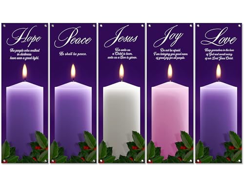 5Pcs 2x6 Ft Religious Church Banner with Scripture Christian Candles Banner for Sanctuary Wall Hope Peace Joy Love Jesus Prayer Flag Welcome Religious Praise Hanging Signs Decor for Holiday Church - size: 2x6Ft