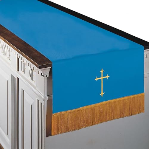 Trinity Church Supply Blue and White Reversible Fleur-de-Lis Cross Communion Table Runner Christian Catholic Church Tabletop Outdoor Indoor Party Table Cloth, 20 Inch x 82 Inch