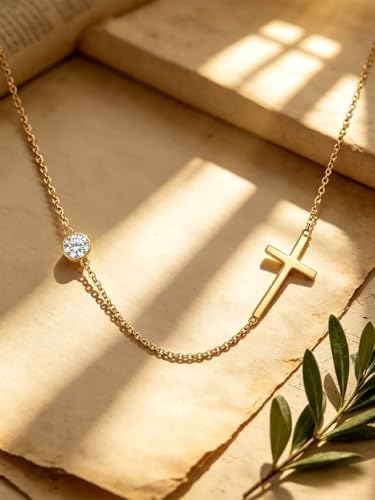 OJK 14K Gold Cross Necklace for Women Sideways Cross Birthstone Jewelry - color: 04-Synthetic Diamond