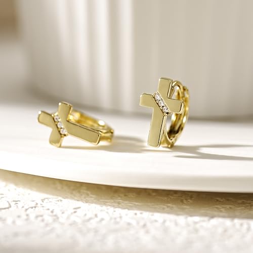 14K Gold Cross Huggie Earrings for Women Hoop Small Cross Earring - color: Gold Cross Hoop Earring