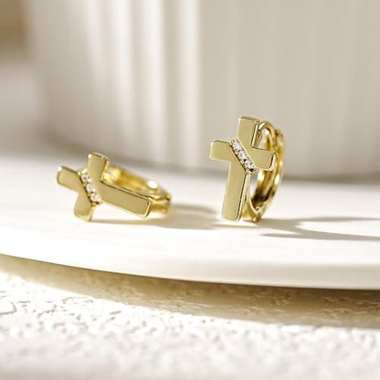 14K Gold Cross Huggie Earrings for Women Hoop Small Cross Earring - color: Gold Cross Hoop Earring