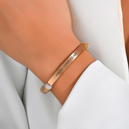 Inspirational Christian Bracelet for Women, Bamboo Leaf Agate Beaded Bible Verse Jewelry, 18K Gold Plated Religious Faith Gift, Scripture Encouragement Jewelry for Her - color: FAITH OVER FEAR-Bamboo Agate Rose Gold