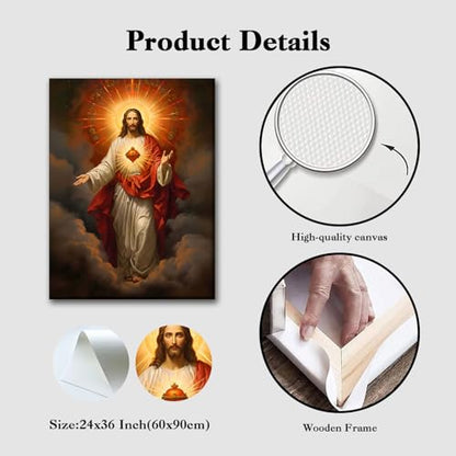 RJETZMU Sacred Heart of Jesus Canvas Wall Art, Gallery Wrapped Print, 24x36 - color: Jesus Red Heart, size: 36"L x 24"W