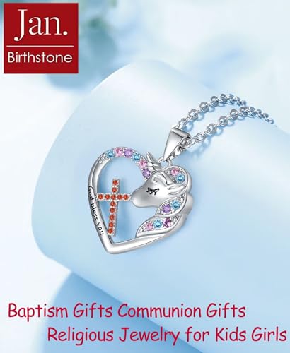Easter Confirmation First Communion Baptism Gifts for Girls,Cross Birthstone Unicorn Necklaces for Daughter Granddaughter Niece Sister Christian Religious Gifts 16+3 Inches - color: 01.January