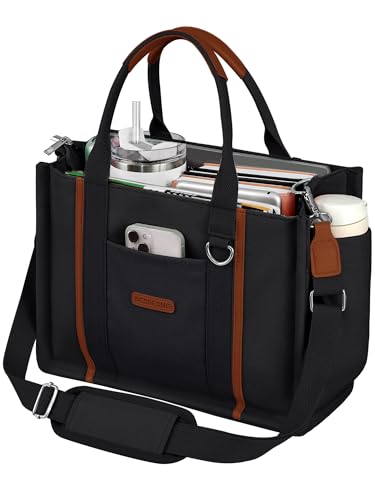 BESBESME Women’s Canvas Tote Bag with Zipper and Compartments – Multi-Pocket Laptop Work Crossbody Shoulder Tote Purse - color: Black, size: Medium, style: Built-in Organizer
