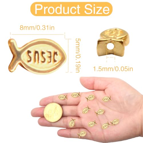 100pcs Jesus Fish Spacer Beads Religious Charm Beads Tibetan Alloy Christian Fish Shape Loose Beads for DIY Bracelet Necklace Jewelry Making Supplies - color: KC Golden
