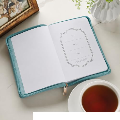 Christian Art Gifts Inspirational Zippered Journal, All Things Through Christ Wide Ruled Notebook, Phil. 4:13 Bible Verse, Teal Vegan Leather Floral, 336 Lined Pages w/scripture, (9” x 6.4” x .9”)