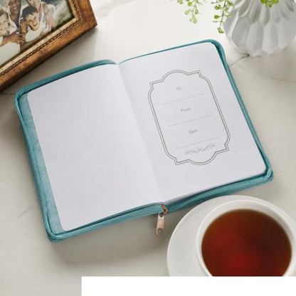 Christian Art Gifts Inspirational Zippered Journal, All Things Through Christ Wide Ruled Notebook, Phil. 4:13 Bible Verse, Teal Vegan Leather Floral, 336 Lined Pages w/scripture, (9” x 6.4” x .9”)