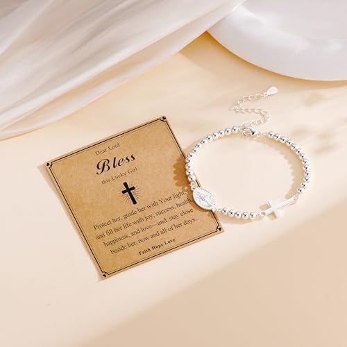 First Communion Gifts for Girls Virgin Mary Cross Bracelet Non Tarnish Baptism 1st Holy Communion Confirmation Gifts Christian Religious Catholic Jewelry - color: Bless,Silver