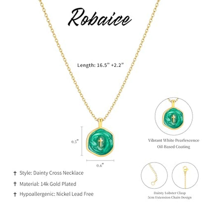Robaice Cross Necklace for Women, Dainty 14K Gold Plated Cross Necklace - style: disc cross green