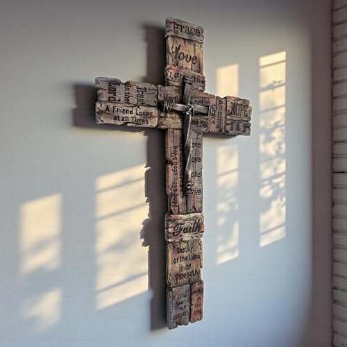 Top Brass Inspirational Rustic Wood-Look Wall Cross with Faux Iron Center – Resin Scripture Cross - Religious Sayings Jesus Art Sculpture