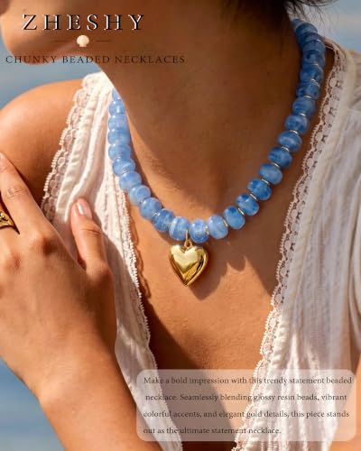 ZHESHY Chunky Beaded Necklaces for Women Heart Cross Statement Necklace - color: Blue 2