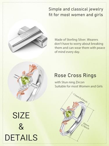 Birthday Gifts Birthstone Rings for Women 925 Sterling Silver Birthstone Rings Anchor/Tree of Life/Snake/Rose Cross Faith Religous Jewelry Gift for Wife Mom Grandma - color: 08-Peridot (C), style: Rose Cross