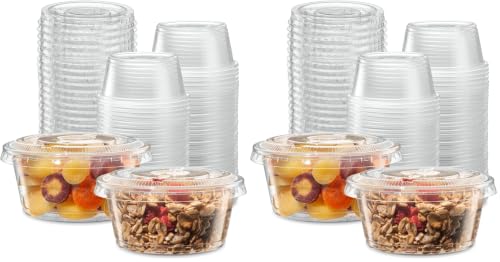 (3.25 oz - 100 Sets) Clear Diposable Plastic Portion Cups With Lids, Small Mini Containers For Portion Controll, Jello Shots, Meal Prep, Sauce Cups, Slime, Condiments, Medicine, Dressings, (Pack of 2) - color: Clear, size: 3.25 Ounce (Pack of 2)