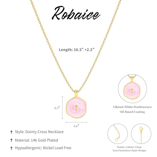 Robaice Cross Necklace for Women, Dainty 14K Gold Plated Cross Necklace - style: disc cross pink