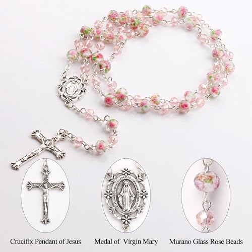 Murano Glass Rose Beads Catholic Virgin Mary Rosary Necklace Women - color: Pink