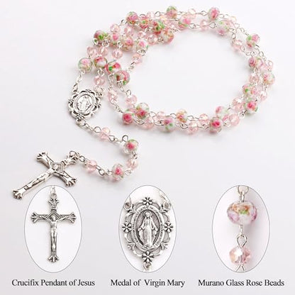 Murano Glass Rose Beads Catholic Virgin Mary Rosary Necklace Women - color: Pink