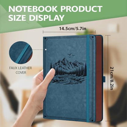A5 Mountain River Leather Journal, 300 Pages Lined Notebook, Blue Vintage Pattern Hardcover Notebook for Travel Diary, Business, Work and School Daily Writing - style: Mountain River