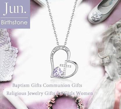 Birthstone Cross Necklace for Girls, Child of God Cross Gifts Jewelry - color: 06. June, style: 01. Silver