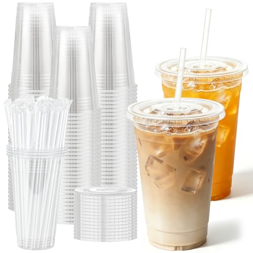 20 oz 50 Pack Disposable Clear Plastic Cups with Lids and Straws - size: 20 oz
